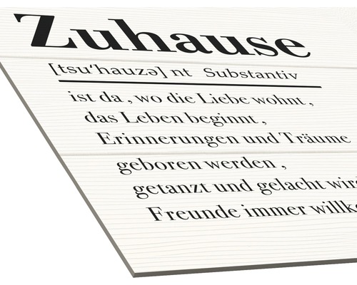 Dekoratives Schild mit dem Schriftzug Zuhause und einer Definition
