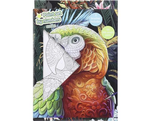 Malen nach Zahlen Set mit Papagei Motiv, inklusive drei Pinsel und zwölf Acrylfarben.