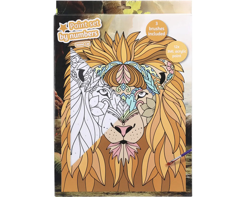 Malen nach Zahlen Set mit Löwenmotiv, inklusive drei Pinsel und zwölf Acrylfarben