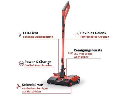 Einhell Akku Besen mit LED Licht, flexiblem Gelenk und Seitenbürste für Hartböden