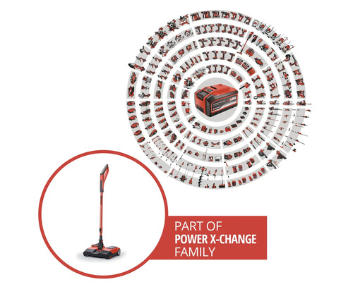 Einhell Power X-Change Akku-Familie mit Akku-Besen im Vordergrund