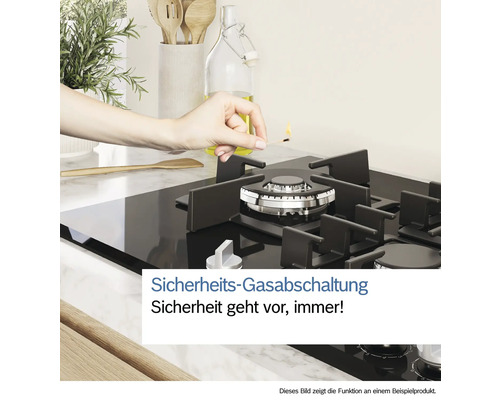 Zündung eines Gaskochfelds mit Sicherheitsgasabschaltung.