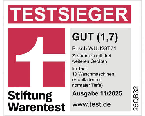 Stiftung Warentest Testsieger Siegel für Bosch WUU28T71 Waschmaschine mit dem Testergebnis Gut (1,7)