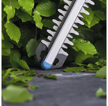 Nahaufnahme einer Heckenschere im Einsatz an einer Hecke