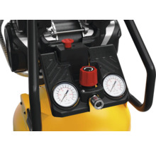 Detailansicht eines gelben Kompressors mit Manometern und Einstellknöpfen