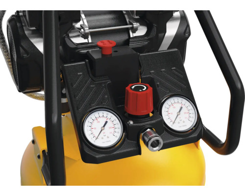 Detailansicht eines gelben Kompressors mit Manometern und Einstellknöpfen