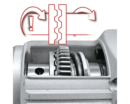 Innenansicht eines Geräts mit Zahnrädern und einem Warnhinweis zur Bedienung