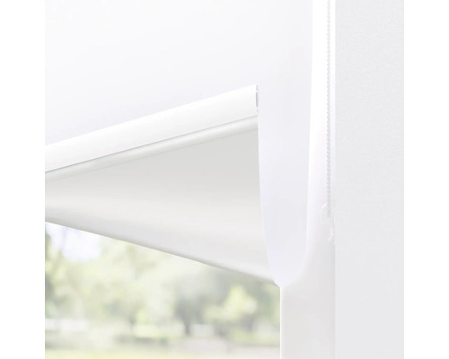 Weißes Rollo am Fenster mit Kettenzug