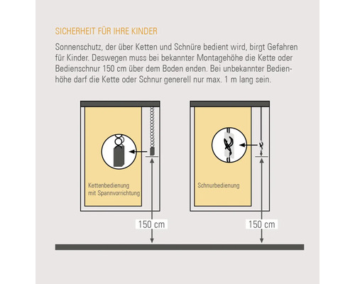 Sicherheitsinformationen zur Bedienung von Sonnenschutzprodukten mit Ketten und Schnüren