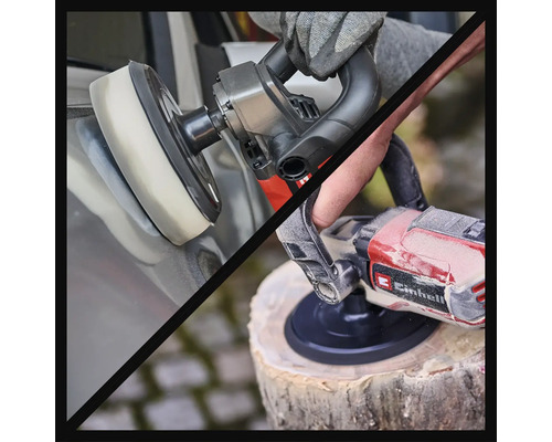 Einhell Poliermaschine im Einsatz zum Polieren eines Autos und eines Holzstücks