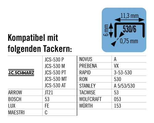Information zur Kompatibilität von Tackerklammern mit verschiedenen Tackermodellen und Angabe der Klammerdimensionen