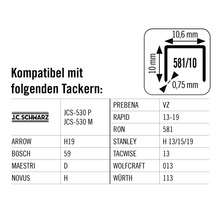 Informationen zur Kompatibilität mit verschiedenen Tackergeräten und den Abmessungen des Produkts