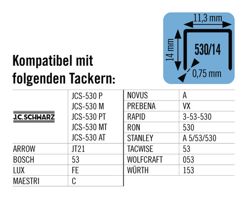 Informationen zur Kompatibilität von Tackerklammern mit verschiedenen Tackermodellen und Größenangaben