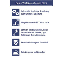 Vorteile: Universelle Schmierung, temperaturbeständig von -20 Grad Celsius bis +140 Grad Celsius, reduziert Reibung und verhindert Verharzen.