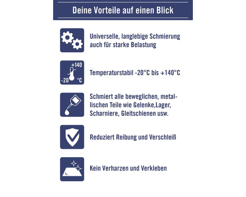 Vorteile: Universelle Schmierung, temperaturbeständig von -20 Grad Celsius bis +140 Grad Celsius, reduziert Reibung und verhindert Verharzen.