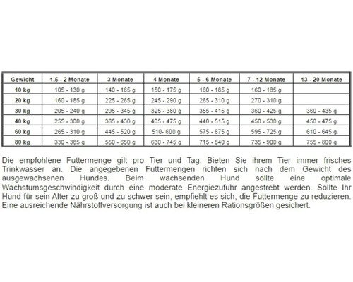 Futtermenge-Tabelle für Hunde nach Gewicht und Alter