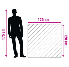 Größenangabe: Eine Person mit einer Körpergröße von 175 cm neben einem Quadrat mit den Maßen 120 cm mal 120 cm.