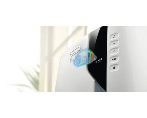 DeLonghi Pinguino Klimaanlage mit Bedienfeld und verschiedenen Symbolen für Temperatur, Ventilator und Automatikmodus