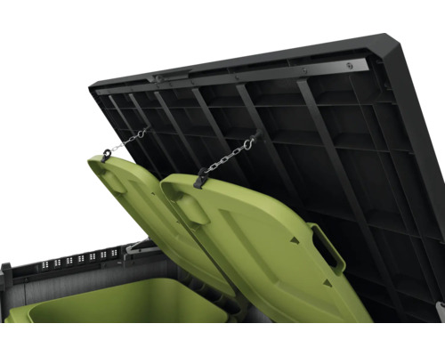 Geöffnete Mülltonnenbox mit zwei Mülltonnen