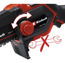 Einhell Logo. Illustration zeigt die werkzeuglose Kettenspannung der Kettensäge.