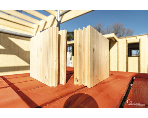 Holzbausatz auf einer roten Holzoberfläche