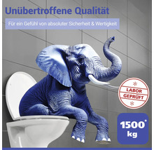 Ein Elefant sitzt auf einer Toilette, was die hohe Belastbarkeit des Produkts demonstriert.