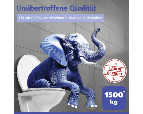 Ein Elefant sitzt auf einer Toilette, was die hohe Belastbarkeit des Produkts demonstriert.