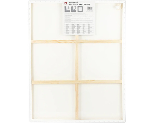 Rückseite einer weissen Leinwand auf einem Holzrahmen, Größe 100 mal 120 Zentimeter