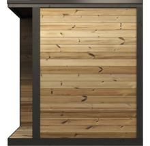 Außenwand aus hellen Holzbohlen mit einem dunklen Rahmen für ein Gartenhaus.