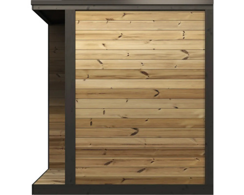 Außenwand aus hellen Holzbohlen mit einem dunklen Rahmen für ein Gartenhaus.