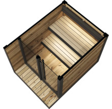 Saunakabine aus Holz mit Glasfront und zweistufigen Holzbänken in moderner Optik.