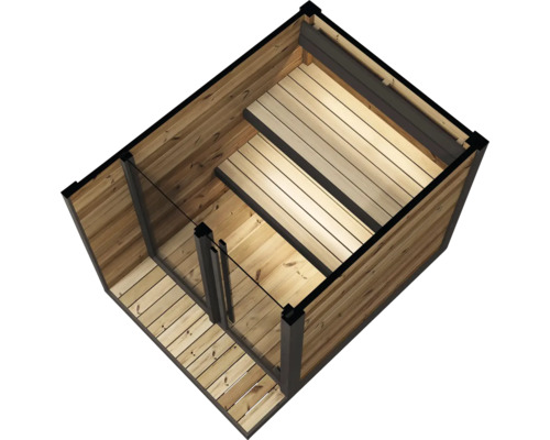 Holzsauna mit Glasfront und zweistufigen Sitzbänken, Innenansicht von oben.