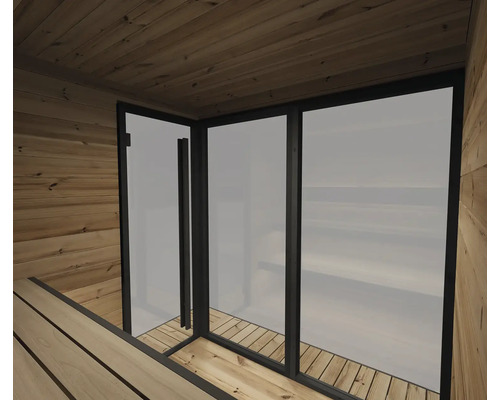 Innenansicht einer modernen Sauna mit Wänden, Decke und Bänken aus Holz. Große Glasfront und Tür mit schwarzem Metallrahmen.