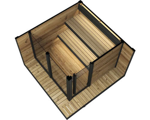 Holz-Einstiegstreppe mit Glasgeländer und schwarzen Pfosten für den Wellnessbereich.