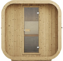 Frontalansicht einer Fasssauna aus hellem Holz mit einer rechteckigen Glastür und abgerundeten Ecken.