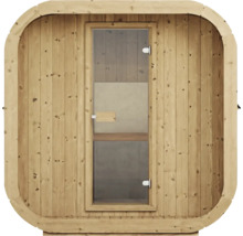 Außensauna aus hellem Holz mit Glastür, vertikale Holzpaneele und abgerundeter Außenrahmen.