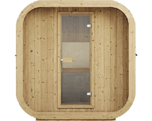 Außensauna aus hellem Holz mit Glastür, vertikale Holzpaneele und abgerundeter Außenrahmen.