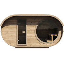 Ovale Gartensauna aus Holz mit Glastür und großem Rundfenster.