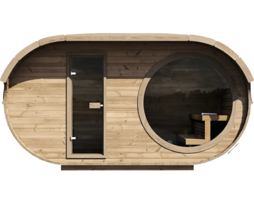 Ovale Gartensauna aus Holz mit Glastür und großem Rundfenster.