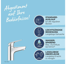 Armatur mit Hinweisen zu Standardauslauf, leichtgängiger Bedienung, Wassersparfunktion und langlebiger Oberfläche