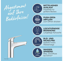 Waschtischarmatur mit Eigenschaften wie mittelhoher Auslauf, Push-Open-Ablauf, leichtgängige Bedienung, blei- und nickelfrei, wassersparend