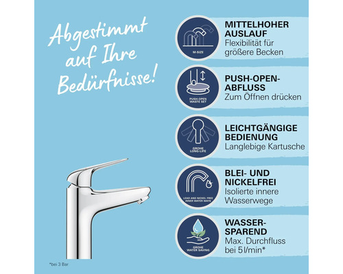 Waschtischarmatur mit Eigenschaften wie mittelhoher Auslauf, Push-Open-Ablauf, leichtgängige Bedienung, blei- und nickelfrei, wassersparend