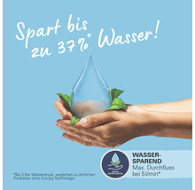 Symbolbild: Hände halten einen Wassertropfen umgeben von grünen Blättern, Hinweis auf bis zu 37 Prozent Wasserersparnis