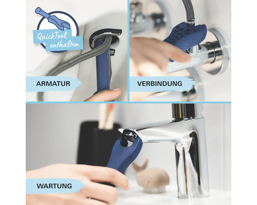 Anwendung des mitgelieferten Quicktools zur Armaturinstallation, Verbindung und Wartung