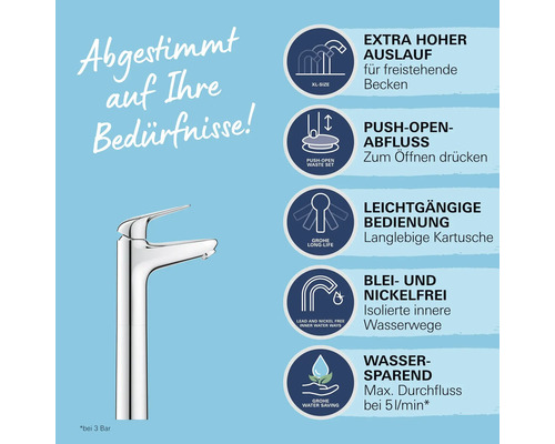 Armatur mit Funktionen wie extra hohem Auslauf, Push Open Abfluss, leichtgängiger Bedienung, Blei- und Nickelfreiheit und Wassersparen