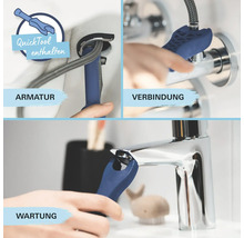 Drei Darstellungen zur Verwendung eines Armaturenwerkzeugs an Armatur, Verbindung und Wartung.
