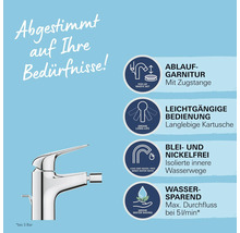 Wasserhahn mit Ablaufgarnitur, leichtgängiger Bedienung, blei- und nickelfreien Wasserwegen sowie Wassersparfunktion