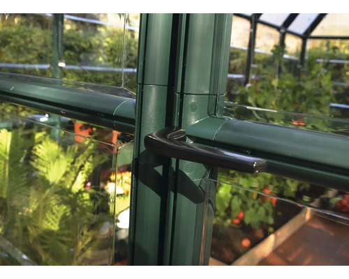 Detailansicht eines Gewächshauses mit Fenstergriff