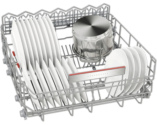 Geschirrspüler Oberkorb mit Geschirr und Kochtopf