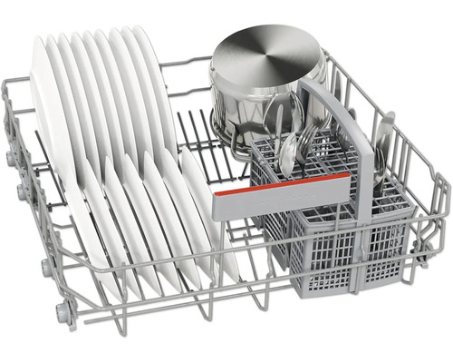 Geschirrspüler Oberkorb mit Tellern, Topf und Besteck